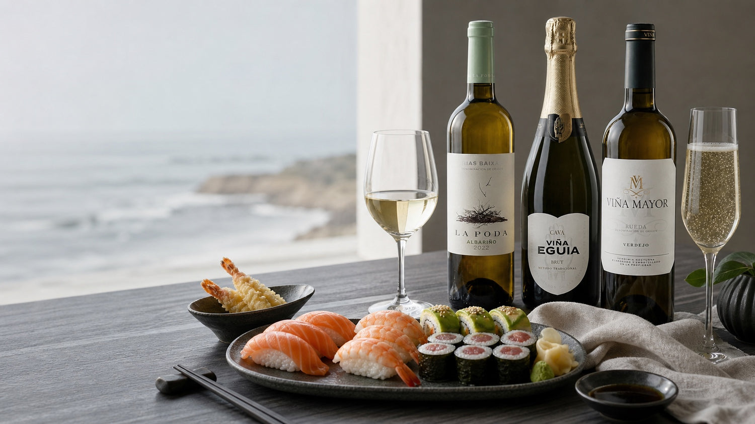 Sushi med laks, rejer, tempura og spanske vine fra DeVinos