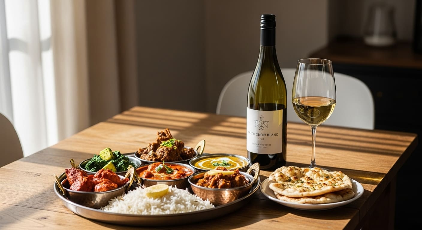 Perfekte vine til at komplementere en indisk madoplevelse – et elegant glas vin serveret ved siden af krydrede indiske retter.