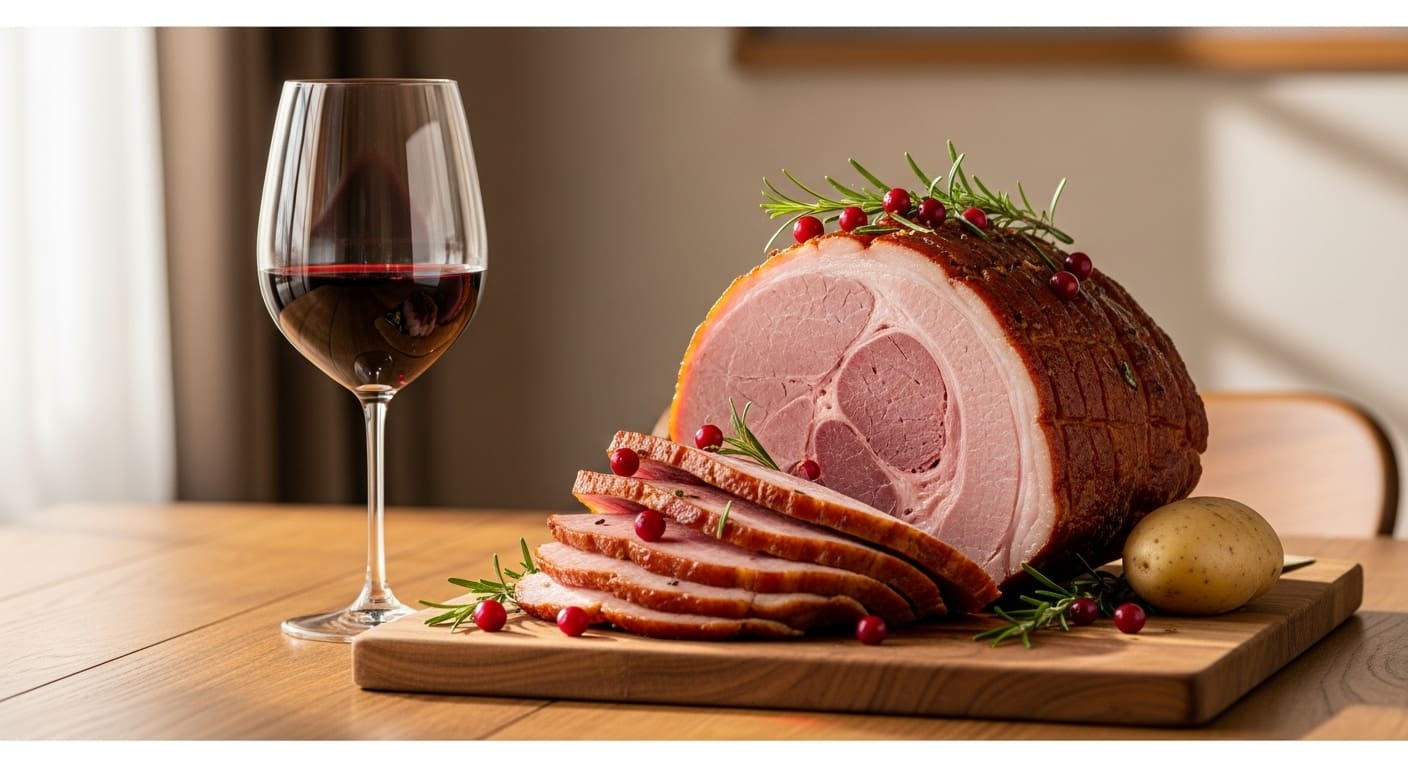 Bedste vine at vælge til din perfekte hamburgerryg – et glas vin parret med saftig, tilberedt hamburgerryg på tallerken.