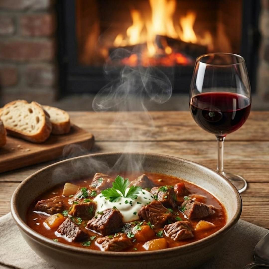 Rødvinsglas og flaske ved siden af en ret med kødfuldstykker, omgivet af vindruer, hvidløg og rosmarin.