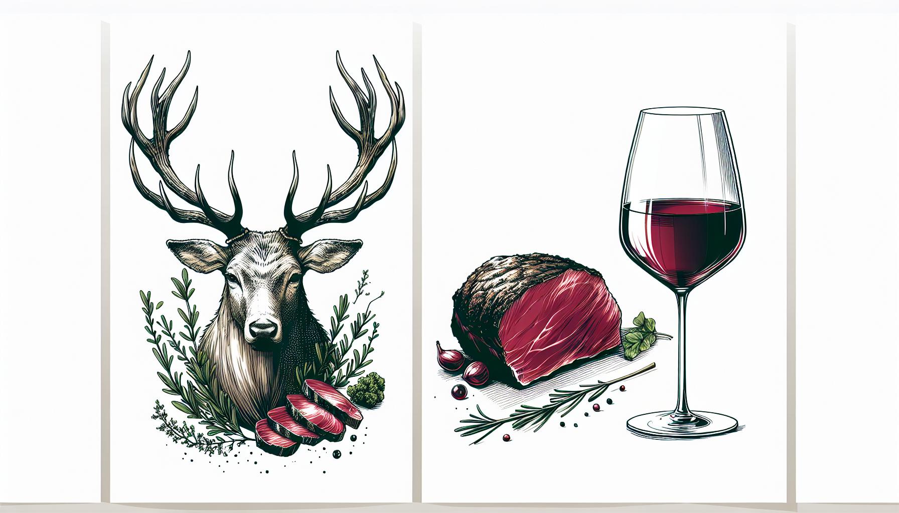 Tegning af en kronhjort med kød omgivet af urter, ved siden af en skive rødt kød med urter og et glas rødvin.