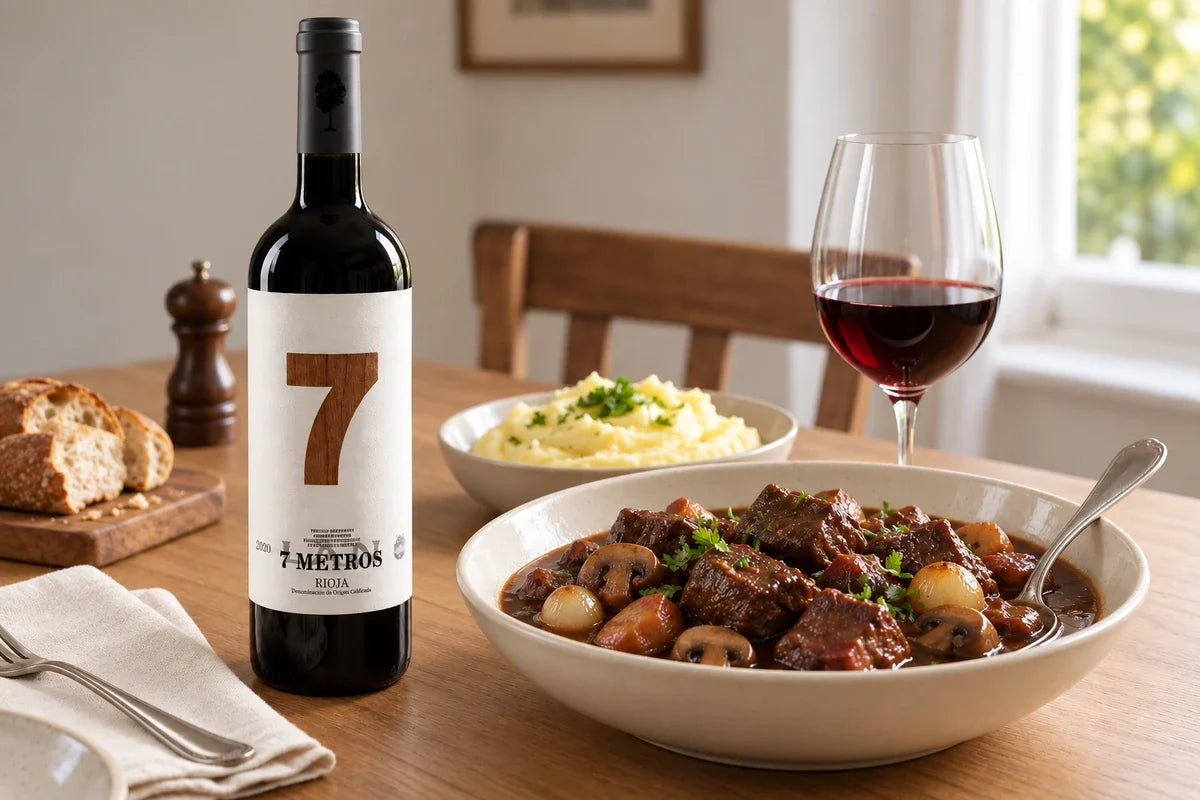 Boeuf bourguignon med svampe og perleløg ved siden af LAN 7 Metros 2020 og et glas rødvin