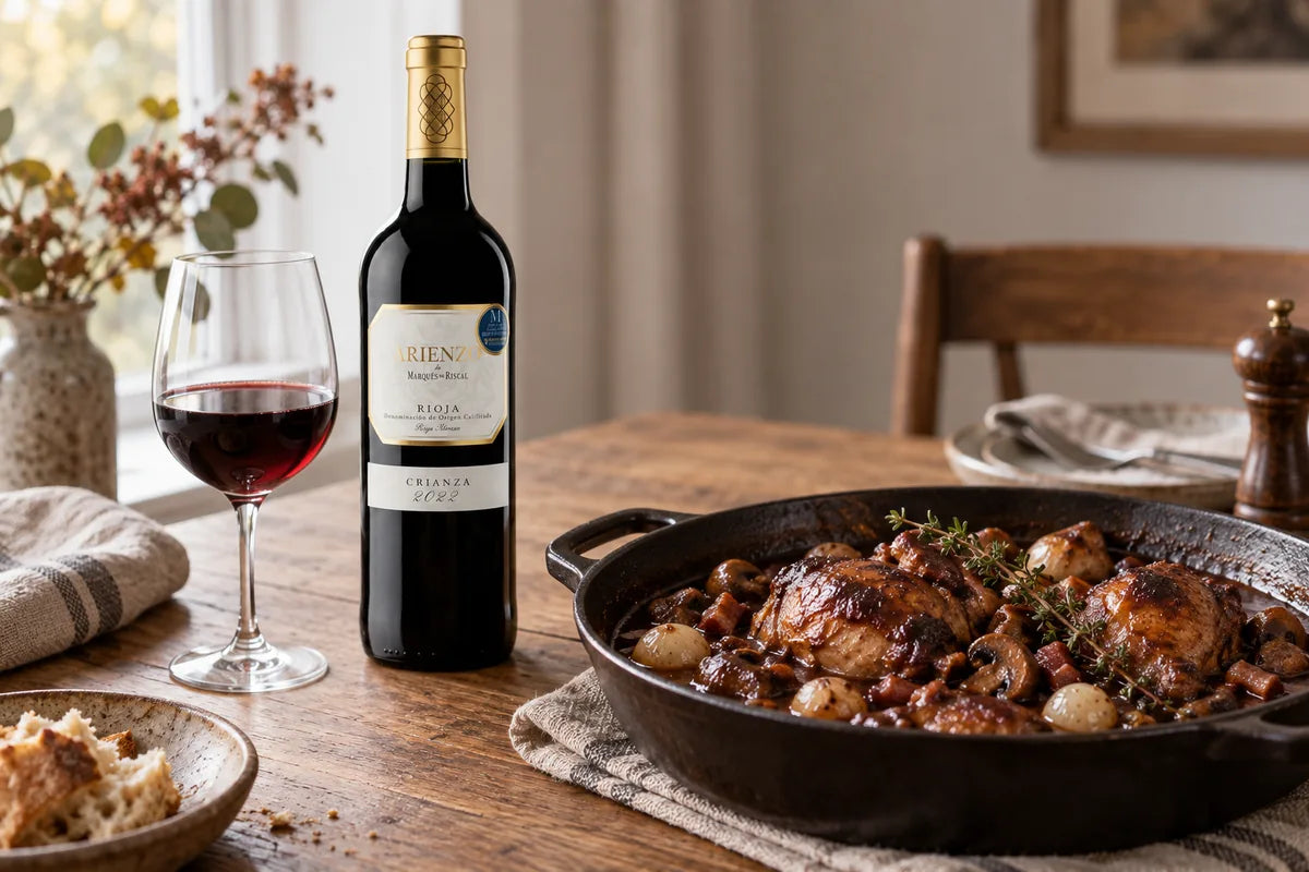 Coq au vin med svampe og perleløg, en flaske Arienzo Crianza 2022 og et glas rødvin