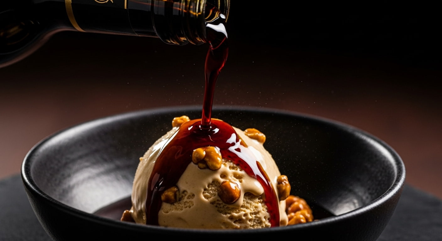 En mørk, sirupsagtig Pedro Ximénez Sherry bliver hældt over en kugle cremet is toppet med valnødder.