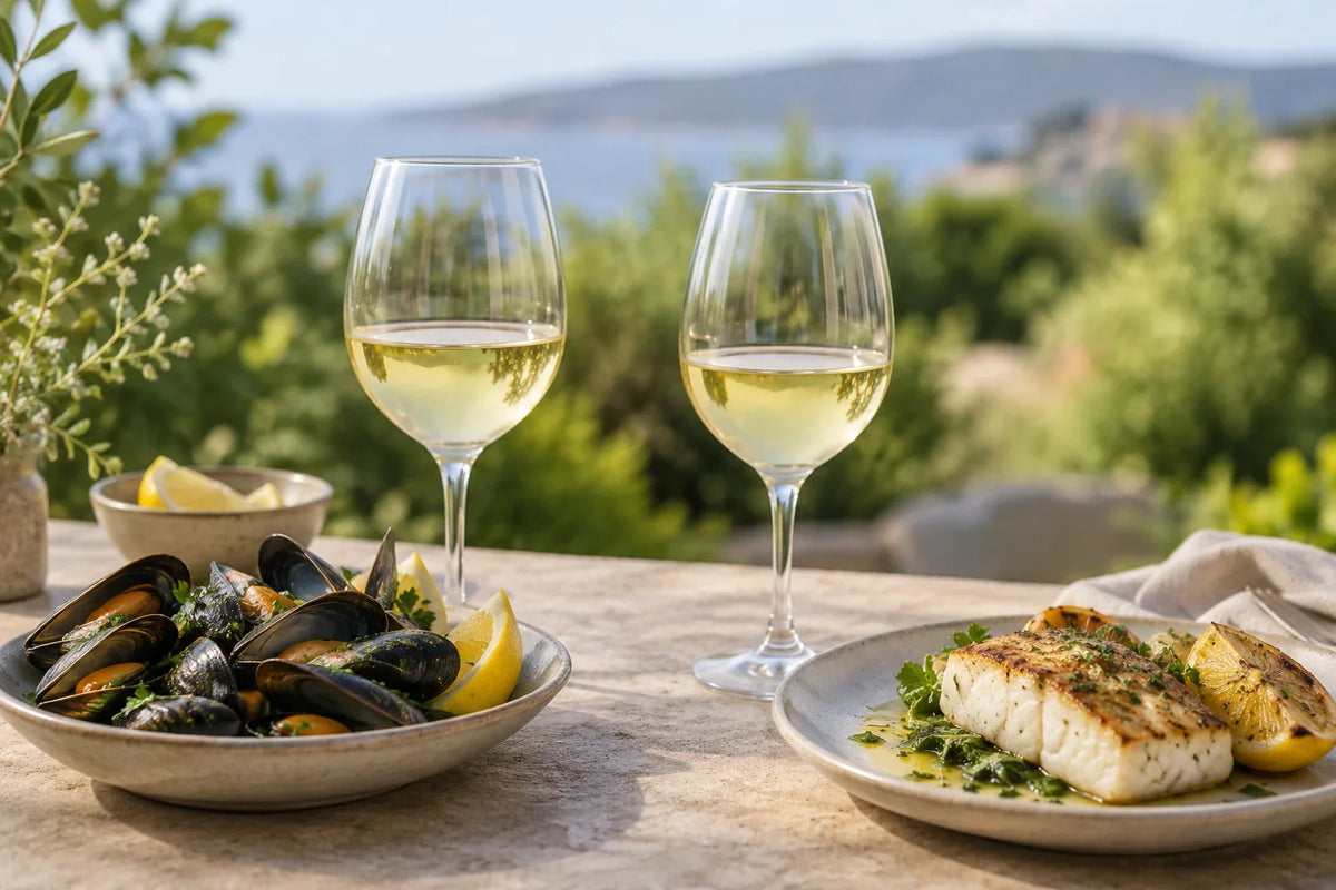 To glas hvidvin ved skaldyr og fisk