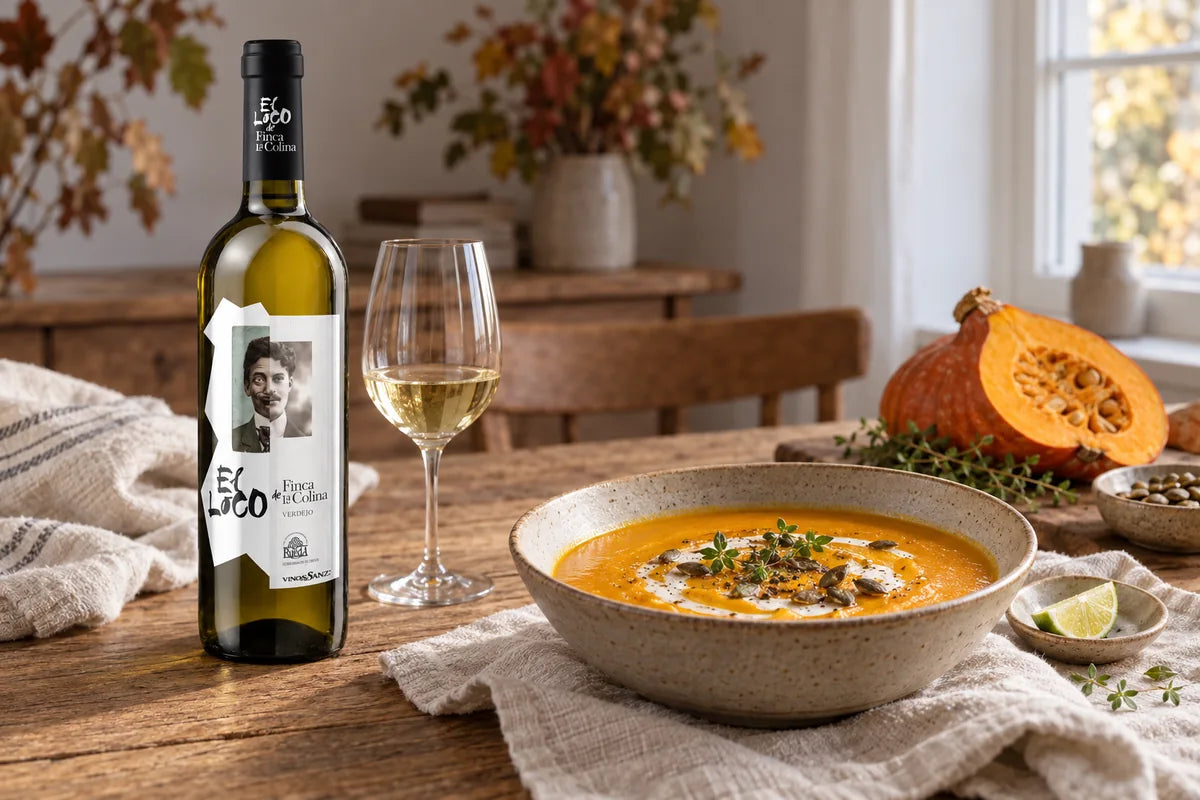 Cremet græskarsuppe med græskarkerner ved siden af El Loco de Finca La Colina og et glas hvidvin
