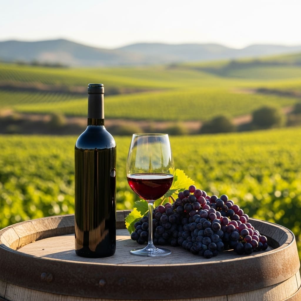 Et glas og en flaske Rioja rødvin på et egetræsfad med Tempranillo-druer, sat foran et solbeskinnet landskab med vinmarker i Rioja, Spanien.