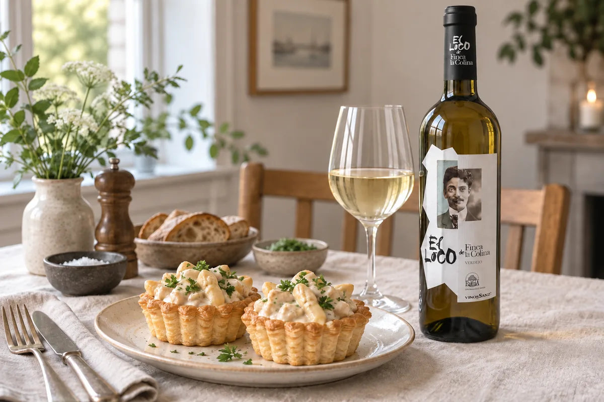 Tarteletter med høns og asparges ved siden af El Loco de Finca La Colina og et glas hvidvin