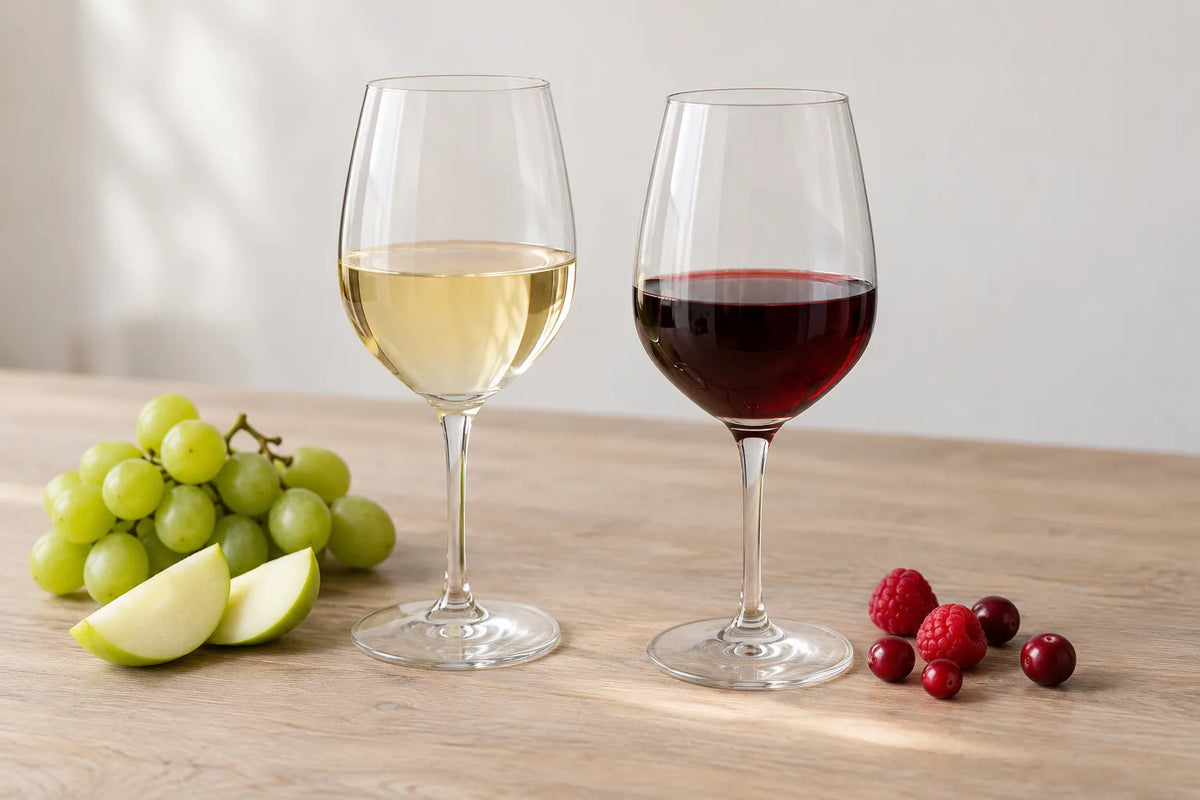 Glas med hvidvin og rødvin ved grønne druer, æblestykker og røde bær