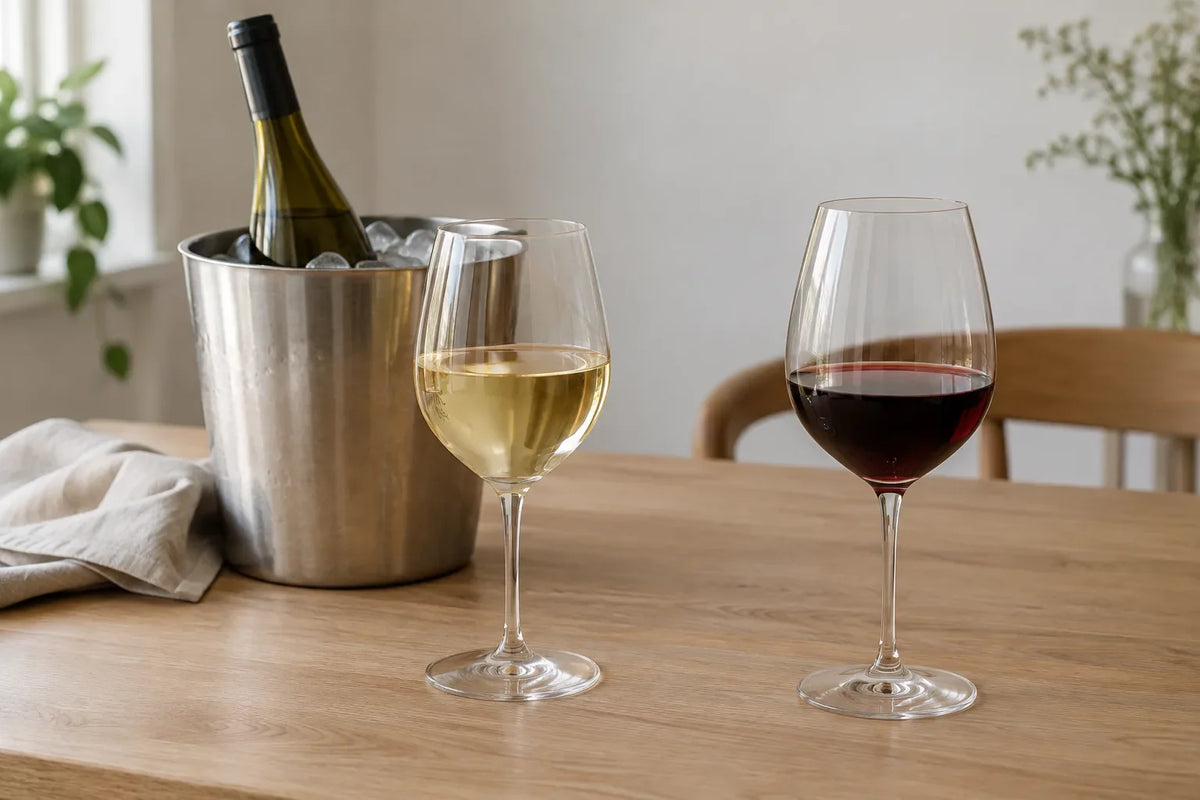 Glas med rødvin og hvidvin ved en vinkøler med is