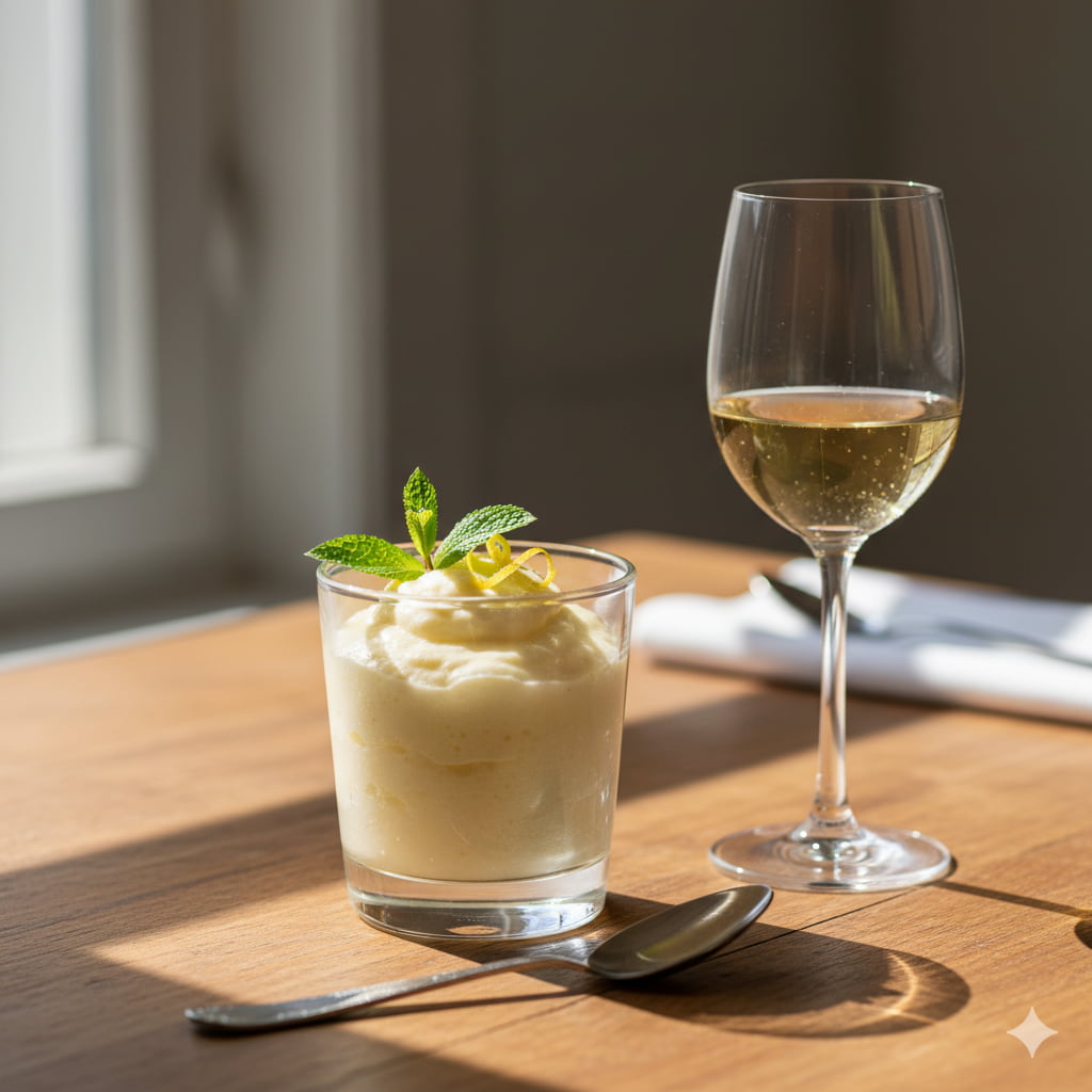 En lækker citronfromage anrettet i glas med mynte, parret med et glas gylden dessertvin. En ideel vinparring fra DeVinos.