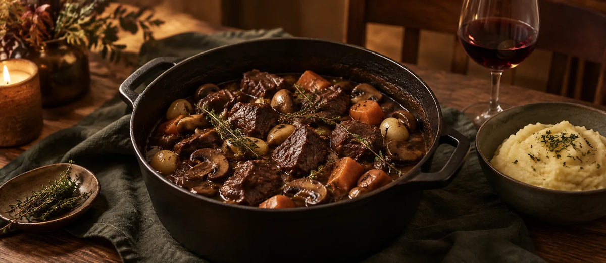 Vildtgryde med svampe, gulerødder og løg, serveret med kartoffelmos og rødvin