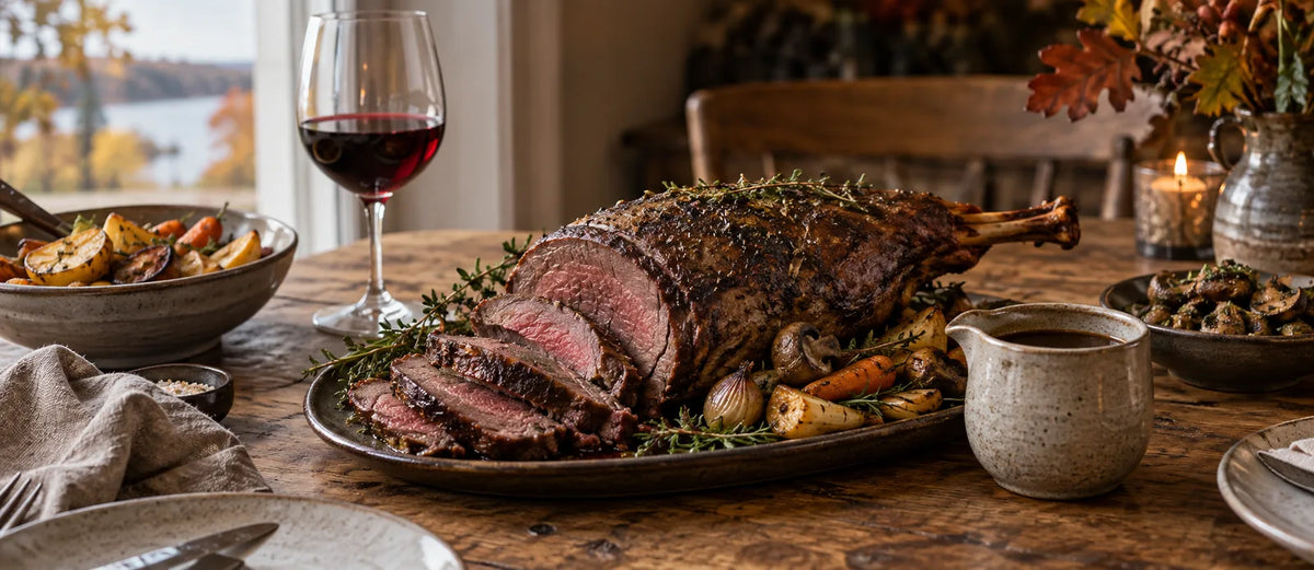 Stegt dyrekølle i skiver med rodfrugter, svampe, mørk sauce og et glas rødvin