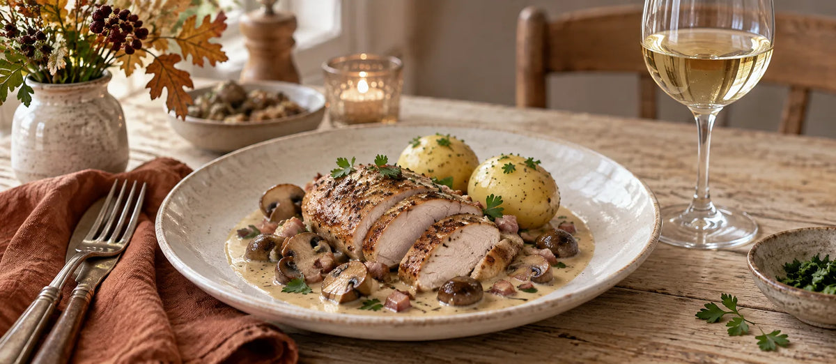 Skåret fasanbryst med svampe, cremet sauce, kartofler og et glas hvidvin