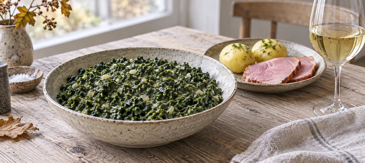 Cremet grønlangkål med skinke, kogte kartofler og et glas hvidvin