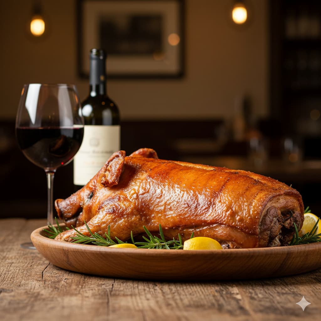 En hel, sprødstegt pattegris serveret på et fad med rosmarin, parret med et glas rødvin. Den perfekte vinparring til festmiddagen fra DeVinos.