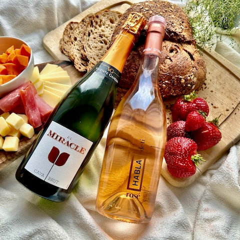 Vin til tapas på et smukt tapas bræt med jordbær, ost, jamon skinke og surdejsbrød