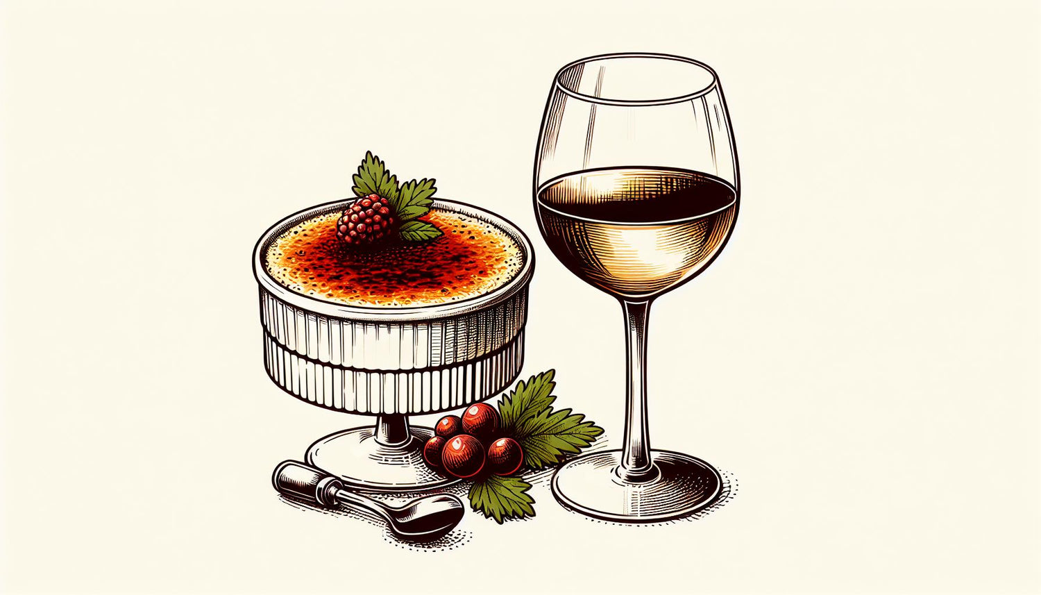 Illustration af et glas spansk rødvin ved siden af en dessertskål med crème brûlée pyntet med friske bær, gren og en ske.