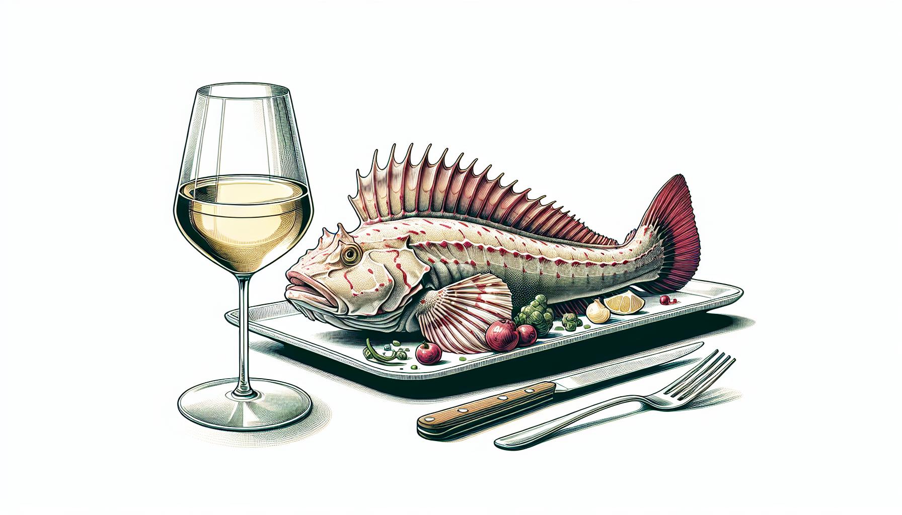 Et glas hvidvin serveres ved siden af en tallerken med en detaljeret illustration af en fisk, omgivet af grøntsager og citronbåde, på hvid baggrund.