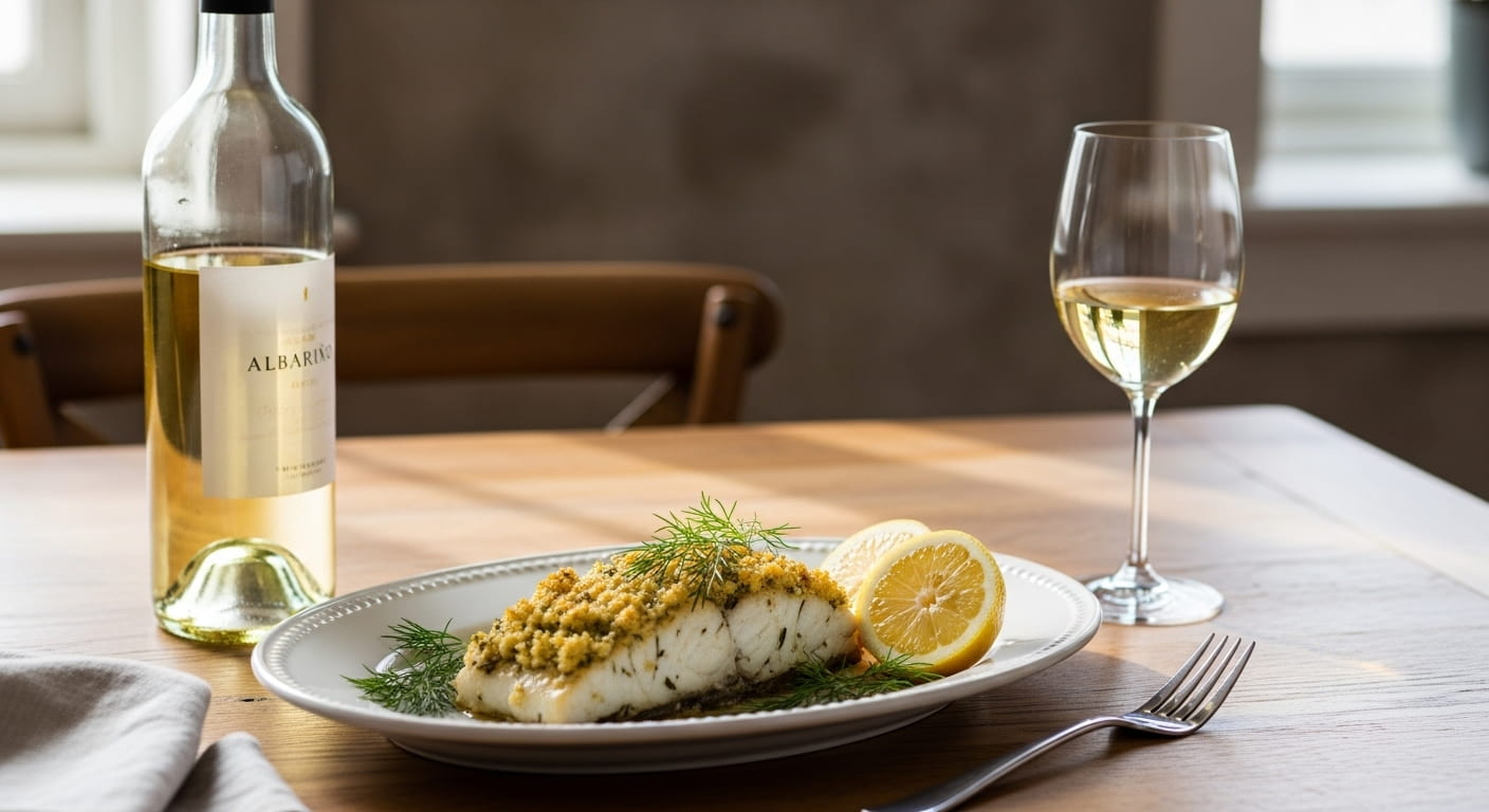 Perfekt vin til havtaske – et glas hvidvin serveret sammen med frisktilberedt havtaske på en elegant tallerken.