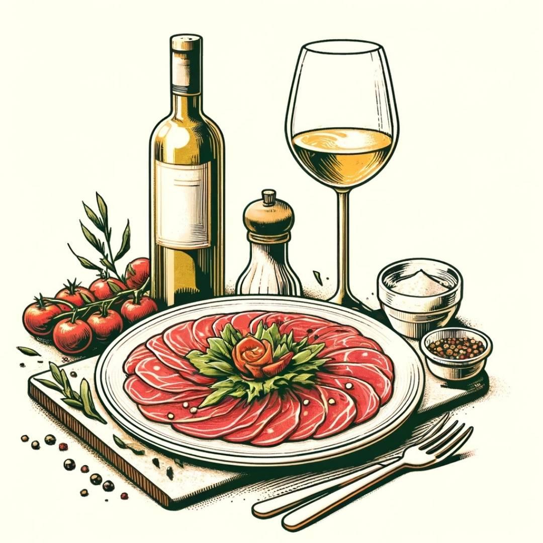 Spansk hvidvin serveret med delikat carpaccio – en frisk og smagfuld kombination. Billedet viser en flaske og et glas hvidvin ved siden af et smukt anrettet carpaccio-fat, perfekt til lette måltider med en elegant spansk vin.