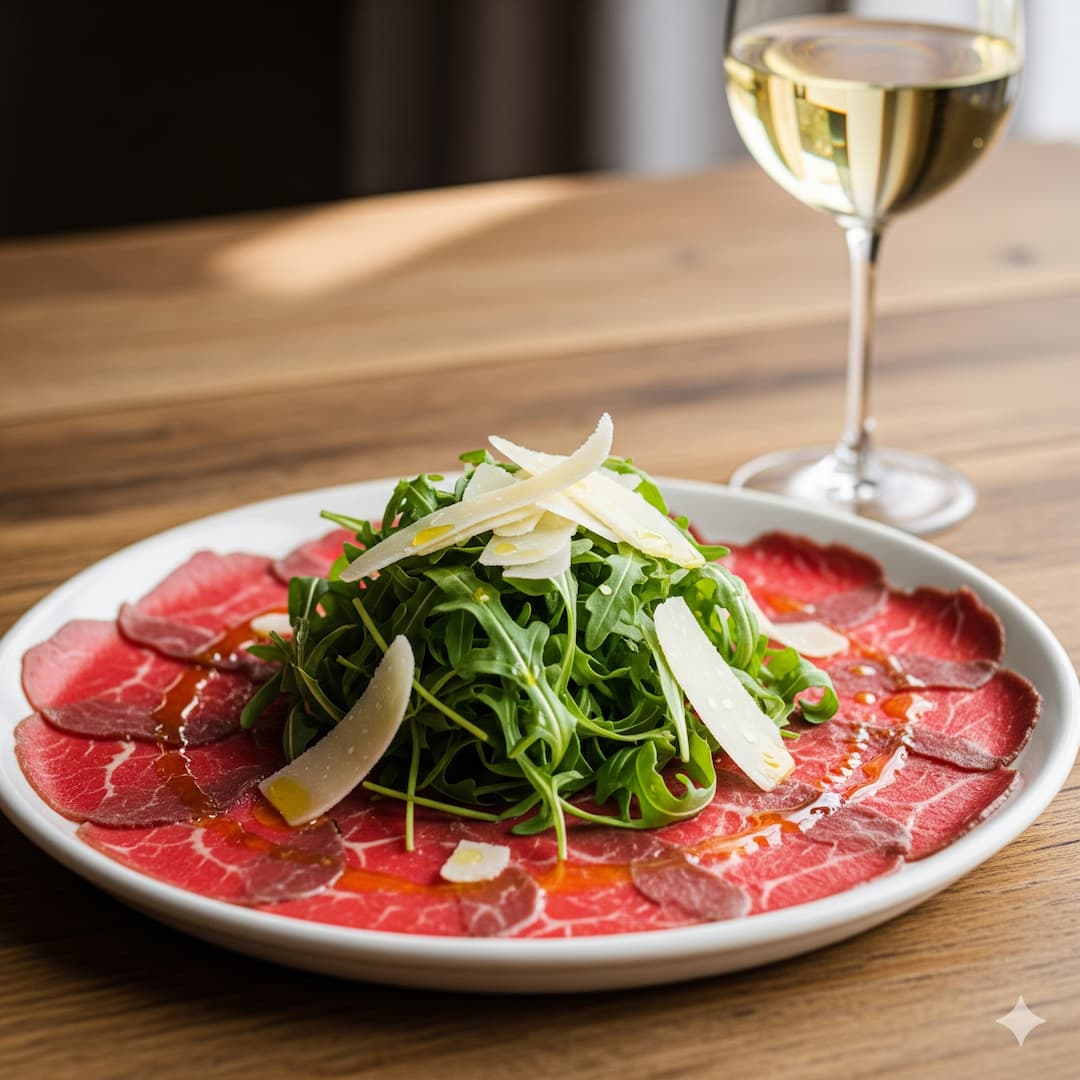 En tallerken med klassisk oksekøds-carpaccio, toppet med rucola og parmesan, parret med et glas hvidvin. Den bedste vinparring til carpaccio fra DeVinos.