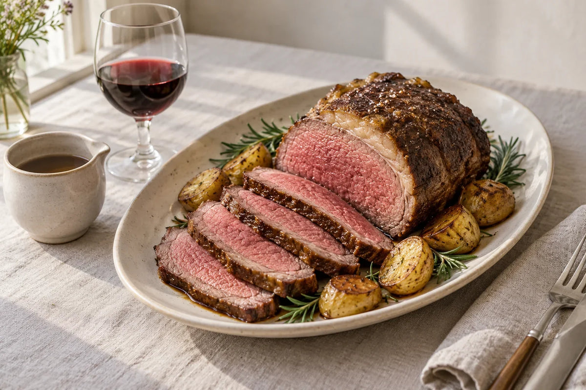 Rosastegt culotte i skiver med ovnkartofler, rosmarin, stegesky og et glas rødvin