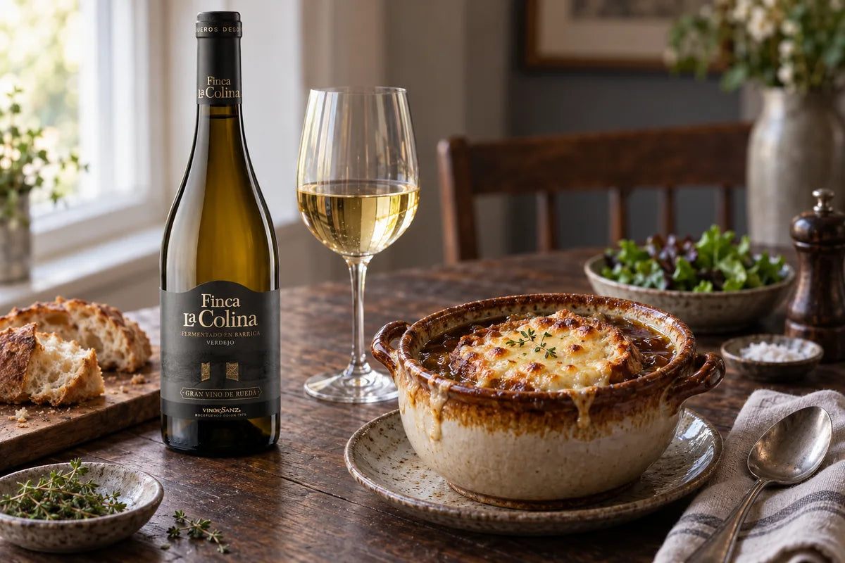 Fransk løgsuppe med gratineret ost og brød ved siden af Finca La Colina Fermentado en Barrica og et glas hvidvin