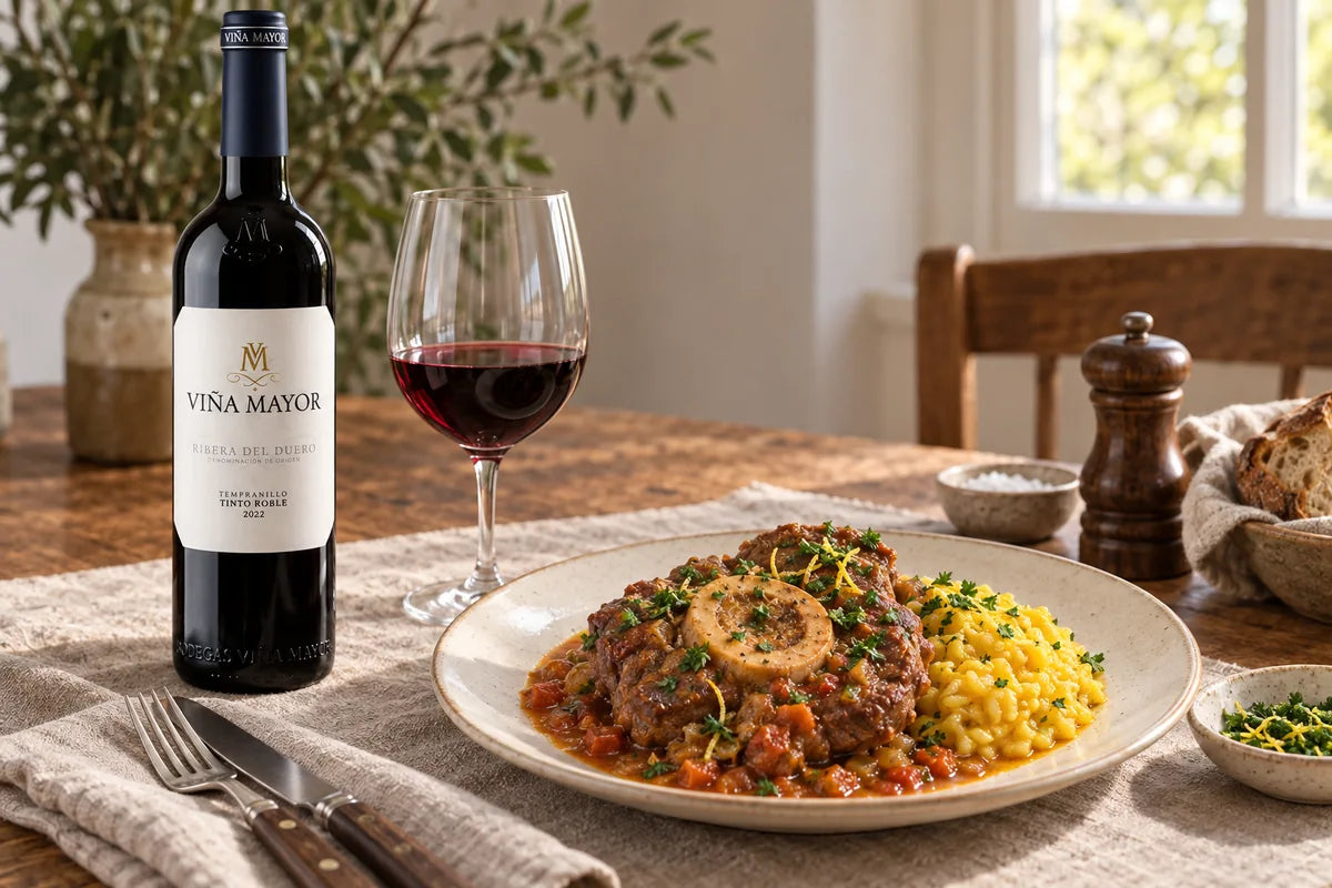 Osso buco med gremolata og risotto ved siden af Viña Mayor Tinto Roble 2022 og et glas rødvin