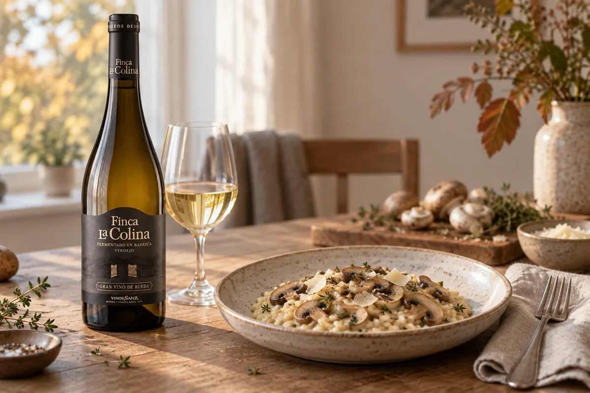 Cremet svamperisotto med parmesan ved siden af Finca La Colina Barrica og et glas hvidvin
