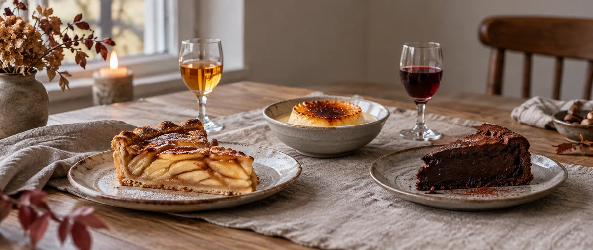 Æbletærte, karameldessert og chokoladekage med små glas gylden og rød dessertvin