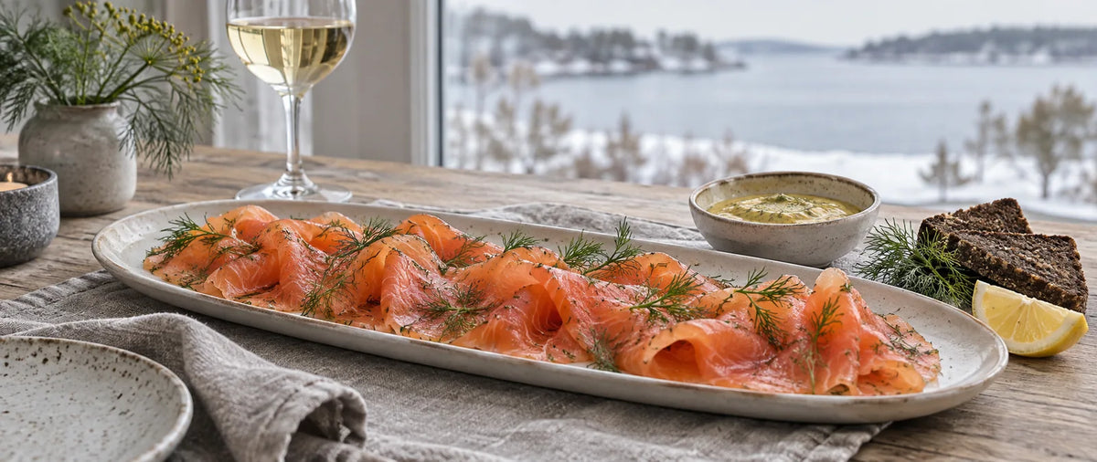 Gravad laks med dild, rævesauce, rugbrød, citron og et glas hvidvin