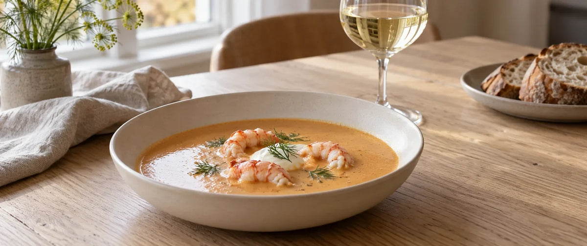 Cremet jomfruhummersuppe med jomfruhummerhaler, cremefraiche og dild samt et glas hvidvin